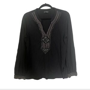 Lucky Brand Long Sleeve Embellished Black Top Western Embroidery Size Large Boho